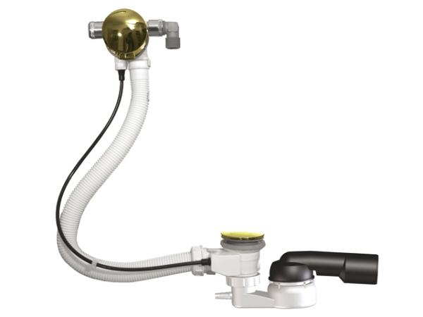 BDW-Ab-, Zu- und Überlaufgarnitur 6/4" mit Kugelgelenksiphon DN50/40 inkl. Schlauchanschluss 8-13mm, Zulauf 3/4", Bowdenzug 60cm und Sichtteilen Edelmessing HL560N.2
